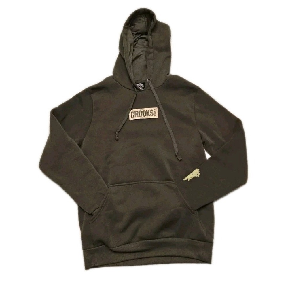 CROOKS & CASTLES Olive Green EMBROIDERED LOGO PATCH HOODED SWEATSHIRT Medium